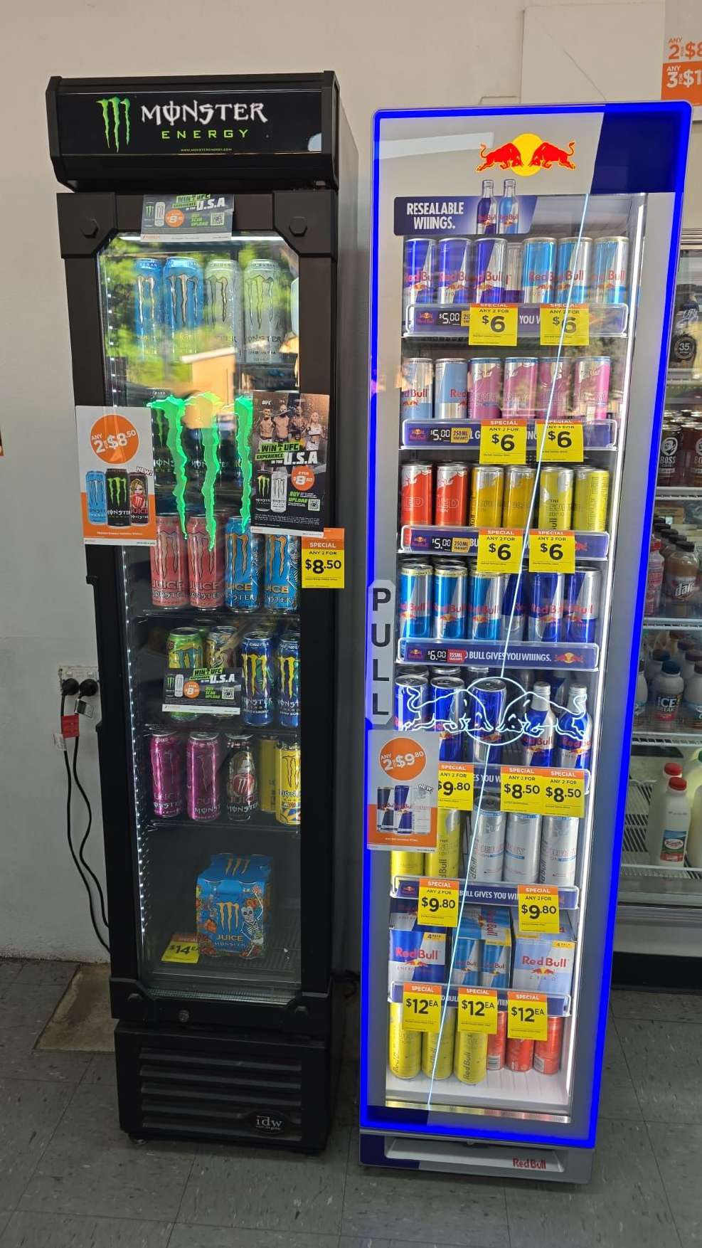 Fridge stocked with energy drinks and soft drinks