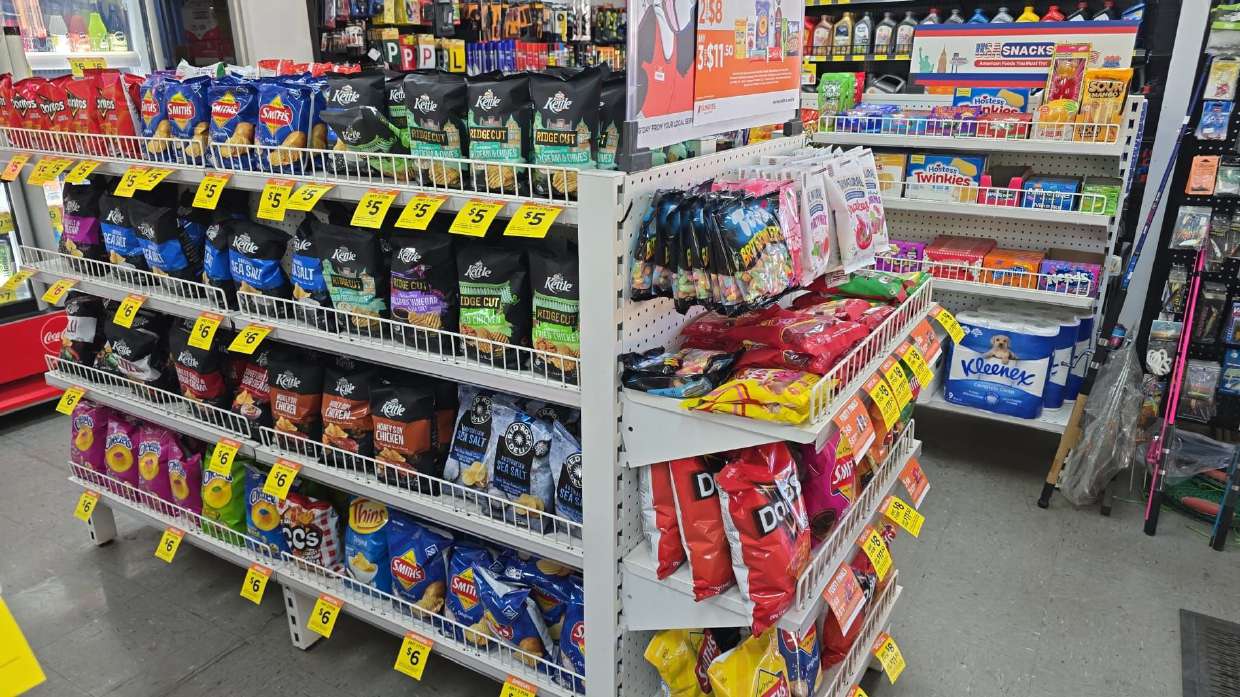Store aisle with drinks and groceries