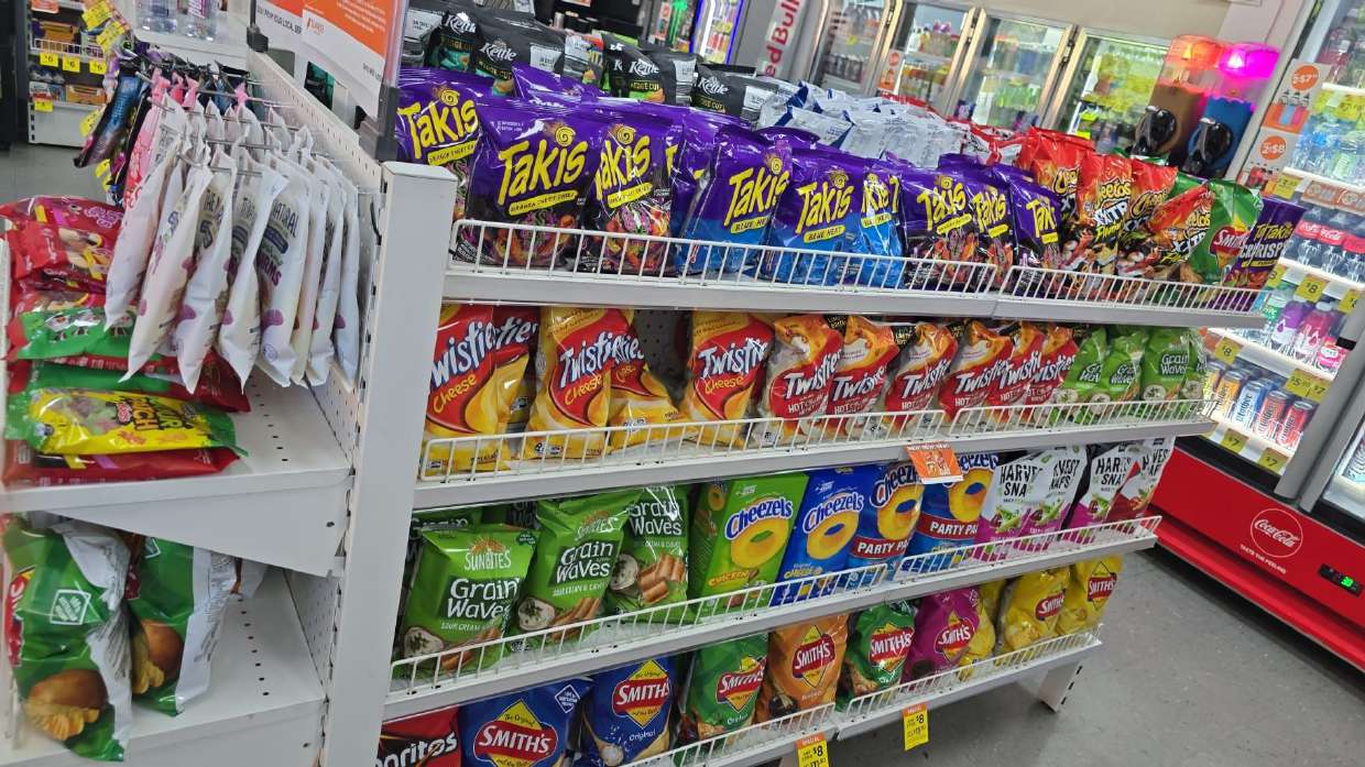Shelf of snack packets and confectionery