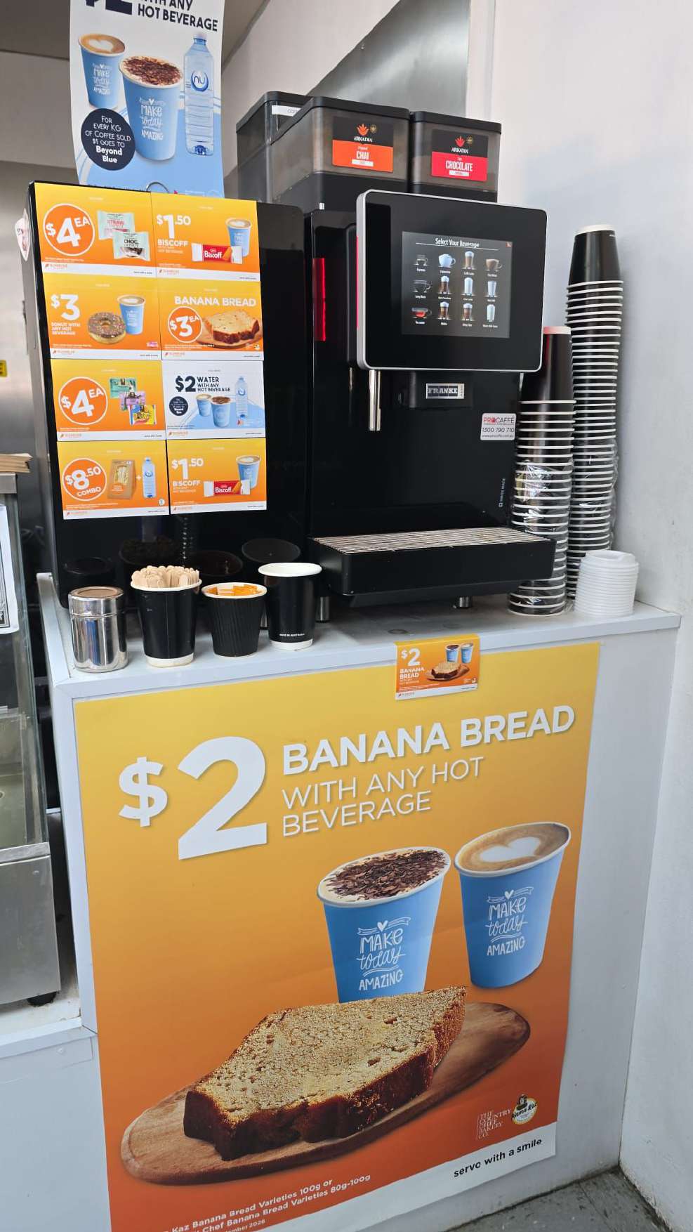 Coffee machine with hot drinks available in store