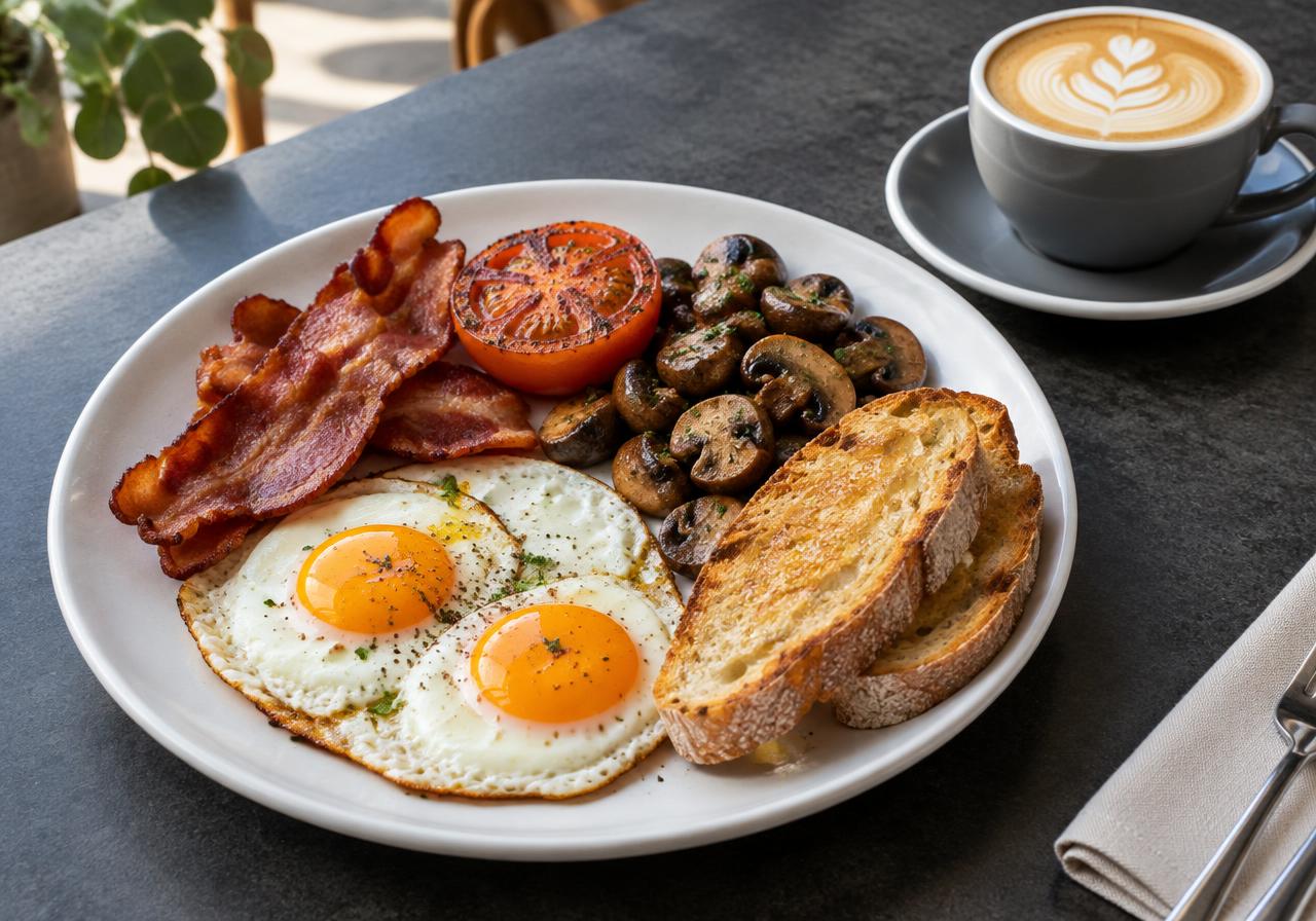 Illustrative cooked breakfast and coffee