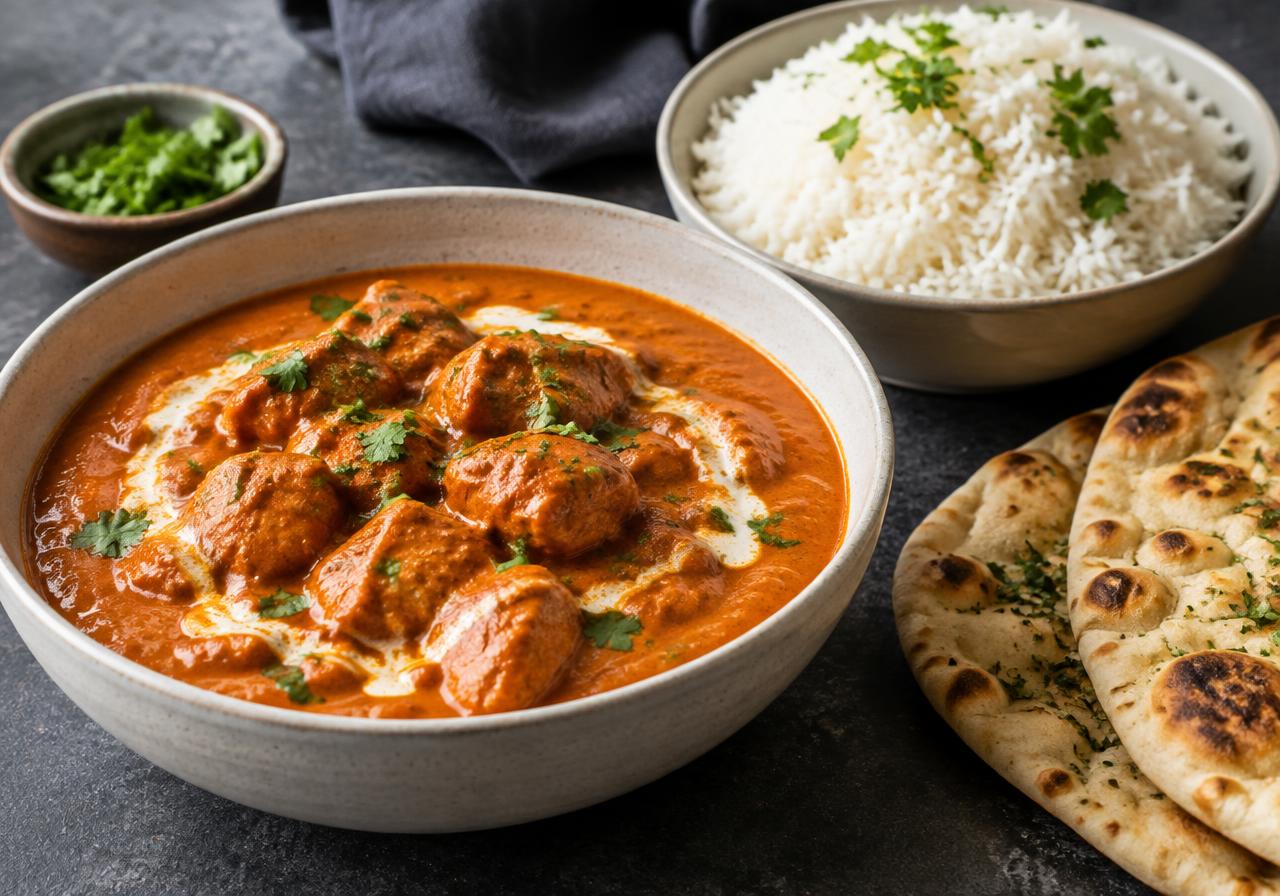Illustrative butter chicken with rice and naan