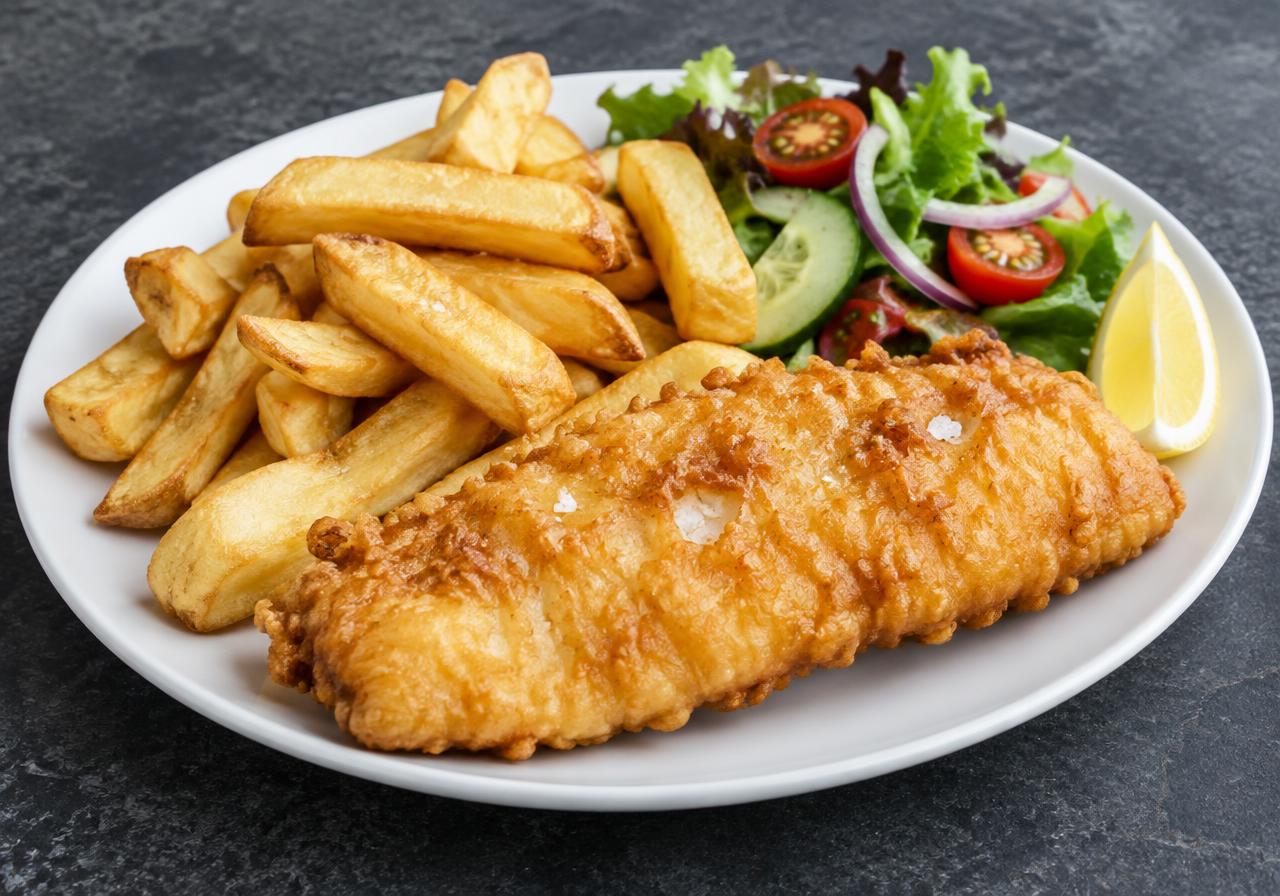 Illustrative fish and chips with salad